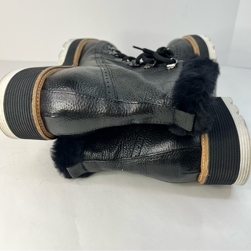Napoleoni Italy Black Leather Ankle Boots Faux Fur Lugged Heeled 1.5" Women's 9 - Picture 7 of 8